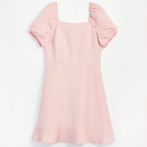 Loft Short Puff Sleeve Square Neck Pink Linen Blend Dress Tie Back Size 10